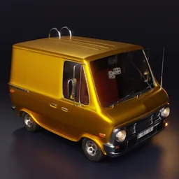 "Cartoon-style yellow van with red seat on black background - 3D model for Blender 3D. Cute and playful design reminiscent of a classic 1980s CGI animation. Realistic metal reflections add unique texture to this trending design by Ben Enwonwu and Akira Toriyama."
