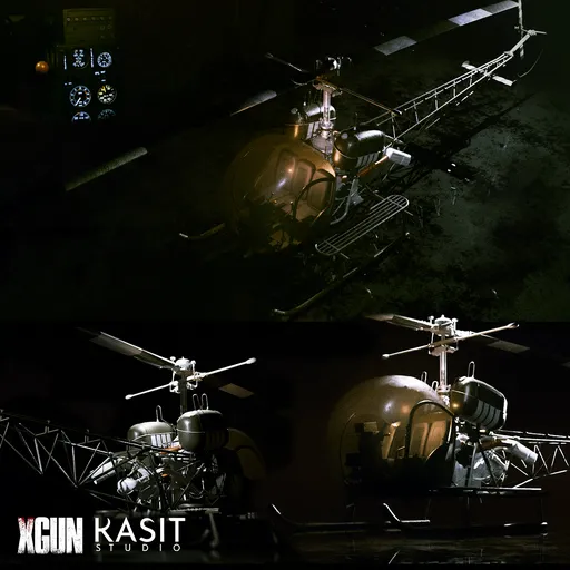 Detailed 3D rendered Bell 47 helicopter model showcasing PBR textures, suitable for Blender and game development.