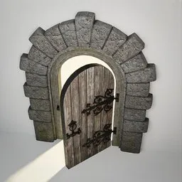 Low-poly 3D medieval Norman door asset with stonework arch and openable wooden door, ideal for 3D castle and church renders in Blender.