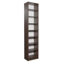 Detailed Blender 3D render of a slender dark bookshelf with multiple shelves, isolated on red.