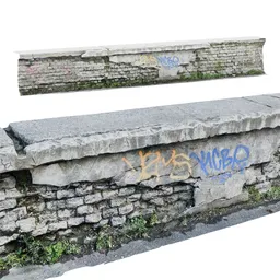 Realistic photoscanned 3D model of an old brick wall with graffiti for Blender rendering.