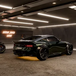 Car Showroom with Black-green Supercar Parked