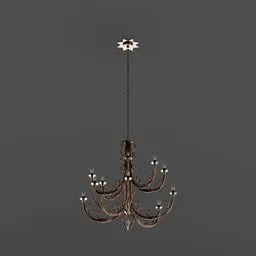 "Rustic chandelier 3D model for Blender 3D: A photorealistic, high-resolution ceiling light with a brass beak, inspired by Juliette Wytsman. This dark metal chandelier features subtle detailing and a star on top, perfect for adding an elegant touch to any scene."