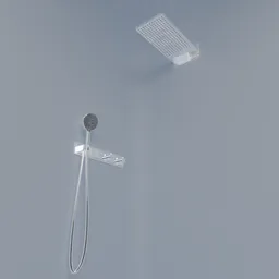 Realistic 3D model of a chrome shower head with hose and adjustable wall mount suited for Blender rendering.