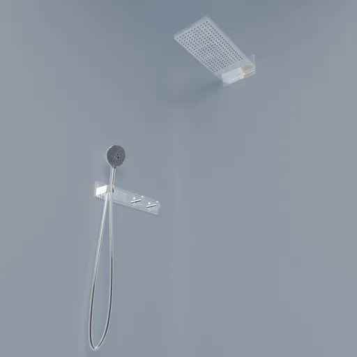 Realistic 3D model of a chrome shower head with hose and adjustable wall mount suited for Blender rendering.
