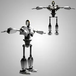 Detailed 3D metal robot model with articulated limbs and head, designed for Blender rendering.