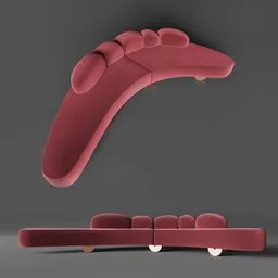 Curved velvet 3D sofa model with brass base inspired by mountain shapes, designed in Blender 3D.