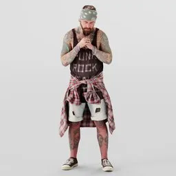3D modeled tough-looking male with beard, tattoos, and casual attire in a confrontational stance suitable for Blender 3D projects.
