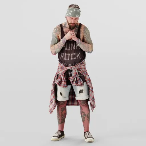 3D modeled tough-looking male with beard, tattoos, and casual attire in a confrontational stance suitable for Blender 3D projects.