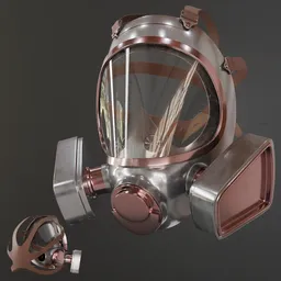 Detailed 3D gas mask model with high-quality metal textures, ideal for Blender 3D war game designs.