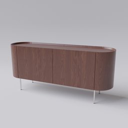 "3D model of a brown Walnut Buffet cabinet with metal legs and beveled edges, textured with 4K PBR material using Substance in Blender 3D. Inspired by Johann Heinrich Meyer and featuring sleek curves and twisted shapes, perfect for a bedroom."