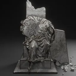 "3D model of a Baroque-style sculpture featuring a man sitting on a chair over a tombstone. The model showcases destructible environments and segmented broken glass shards, inspired by Élisabeth Vigée Le Brun and Gao Qipei. Suitable for concept art in Blender 3D."