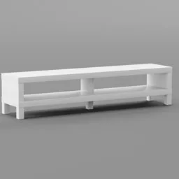 Minimalist white 3D modeled TV stand, ready for Blender rendering, showcasing sleek shelves and modern design.