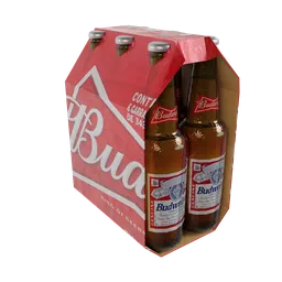 "A pack of Budweiser beer bottles in a box with red and white labels, perfect for adding to your Blender 3D scene. Trending on Polycount and modeled in 3D for a realistic look. Created by George Biddle with Blender 3D software."