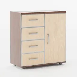 "Home commode: a stylish and versatile 3D model for Blender 3D. This Swedish-designed chest of drawers features a cabinet with drawers and a door, a white finish, rounded face, and a light brown background. Perfect for rendering projects and adding functionality to various room settings."