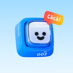 Detailed 3D model of a stylish blue button with a happy face, set against a serene blue background.