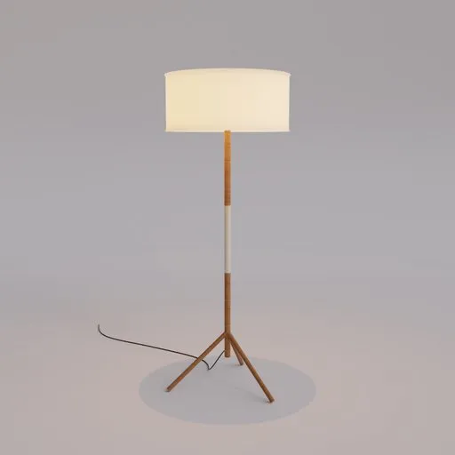 Detailed 3D model of a modern floor lamp with a fabric shade and wooden stand, perfect for Blender rendering.
