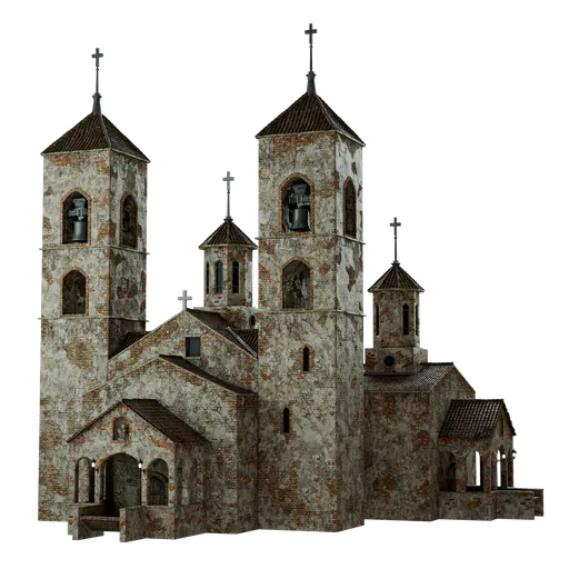 Detailed Blender 3D model of a stone-built medieval temple with twin spires for scene creation.