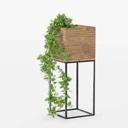 Highly detailed wooden and steel planter 3D model with cascading leaves, compatible with Blender rendering.