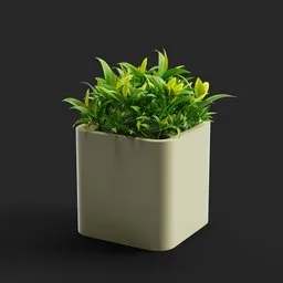 "Blender 3D model: Pot Bush in a square pot on a black background. This 3D render features a silicone cover and concrete texture, with a lavender and yellow color scheme. Created by Muqi, ecopunk, and enhanced with sustainable elements, the image showcases a 3D shading effect and a white finish."