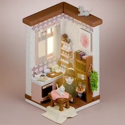 Cozy miniature kitchen and girl with cat