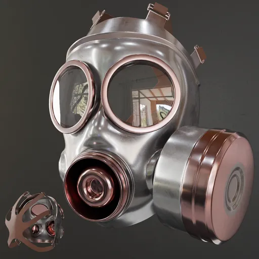 Detailed 3D Blender model of a metallic gas mask with filter, suitable for war game design and military simulations.
