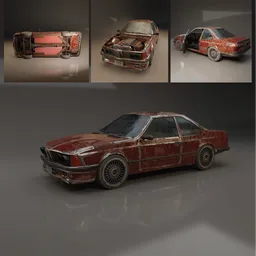 Detailed low poly 3D model of a rusty, vintage car with PBR materials, ideal for Blender and game development