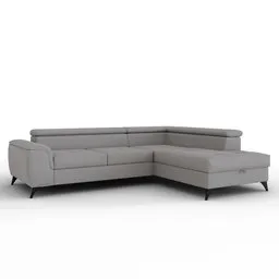 Detailed 3D model of a modern grey corner sofa with sleek black legs for Blender rendering.