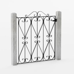 "3D model of a black wrought iron garden gate with intricate scrolls, created with Blender 3D software. Mounted on two wooden posts and able to open and shut. Perfect for adding a touch of elegance to any outdoor scene."