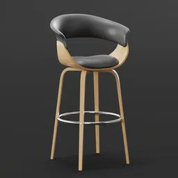 Detailed 3D model of a modern bar stool with wood and black cushion, Blender render ready.