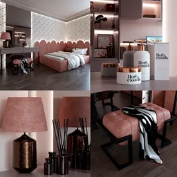Elegant 3D interior design with plush bedroom, chic decor, and detailed textures, perfect for Blender modeling and rendering.