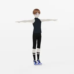 "Reinhard, a charming male anime character in sportswear, depicted in a t-pose, with a distinctive ulzzang style. This 3D render showcases his black shirt, black pants, and white mask, complemented by his cute sporty attire. Crafted using Blender 3D software, this high-quality model with pale bluish skin and unique West Slav features is perfect for your Blender 3D projects."