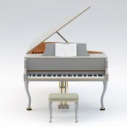 "Highly detailed 3D model of a Piano and stool on white background, created using Blender 3D software. Perfect for music and instrument enthusiasts, this model features a slender body and top, and is ideal for theater equipment and regency-themed projects."