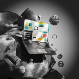 Artistic 3D laptop mockup floating among geometric shapes and rocks for digital product display in Blender.