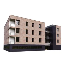 "Modular Building 03, a high-quality 3D model for Blender 3D, designed for exterior scenes. This modular building features brick and black textures, inspired by Le Corbusier and Alexander Bogen's architectural styles. Switch between shaders for realistic wet materials. Rendered in Blender 3.1."