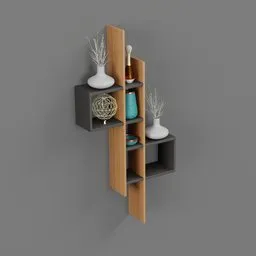 "Wooden wall mounted decoration set with vases and mesh globe, created in Blender 3D. Perfect for adding a trendy touch to your interior design with its wood panel walls and award-winning modern design. Available for download on BlenderKit."