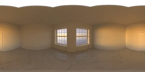 360-degree HDR panorama featuring a sunlit, modern bathroom with marble floors for scene lighting.