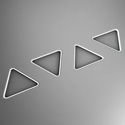 "Scifi Decal 026 Triangle Lights: Reflective metal 3D model with three triangular shapes in a row on a gray background. Ideal for gamedesign, Twitter profile pictures, or digital arts. Made with Blender 3D and Decal Machine."