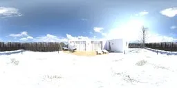 360-degree panoramic HDR of a snowy garden with green lawn, trimmed hedges, purple flowers, and a modern house for scene lighting.