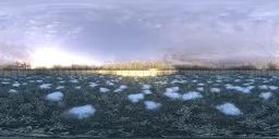 360-degree HDR panorama of a snow-covered garden with a sunrise and a fence for realistic lighting.