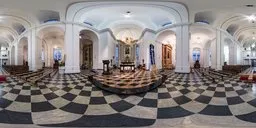 Interior panorama of a church with intricate floor design and arches, ideal for 3D scene lighting.