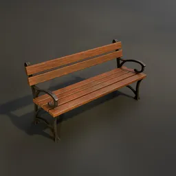 Realistic wooden park bench 3D model with metal legs, designed for Blender, showing wear textures.