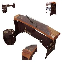 Detailed 3D model of a Guzheng with tuning tool and furniture, designed in Blender, showcasing textures in rosewood and mahogany woods.
