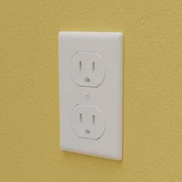 "Industrial exterior 3D model of a standard US white electrical outlet for Blender 3D software. Detailed with 8 focused faces and a contrasting small feature, including a connector for electricity. Created by Jeff A. Menges and perfect for architectural or interior design projects."