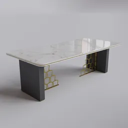 Stylish 3D-rendered dining table featuring geometric metal supports and a realistic marble top, suitable for Blender.