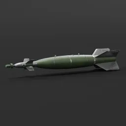 "Green and silver GBU bomb 3D model for Blender 3D - laser-accurate and versatile for precision strikes on ground targets such as buildings, vehicles and fortified positions."