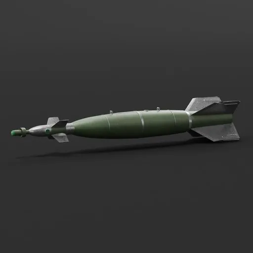Highly detailed GBU bomb 3D model, precision-guided munition for Blender rendering and air-to-ground military simulations.
