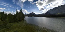 Realistic mountainous HDR scenery with reflective lake for 3D scene lighting.