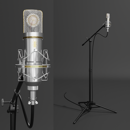 Detailed 3D model of a studio microphone with adjustable stand, suitable for Blender close-up renders.
