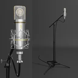 "Highly detailed large-diaphragm studio microphone Joboline Scara XLR I, modeled in Blender 3D. Features a vibration-damping mount and tripod telescope stand, with a 32mm membrane size ideal for close-ups."